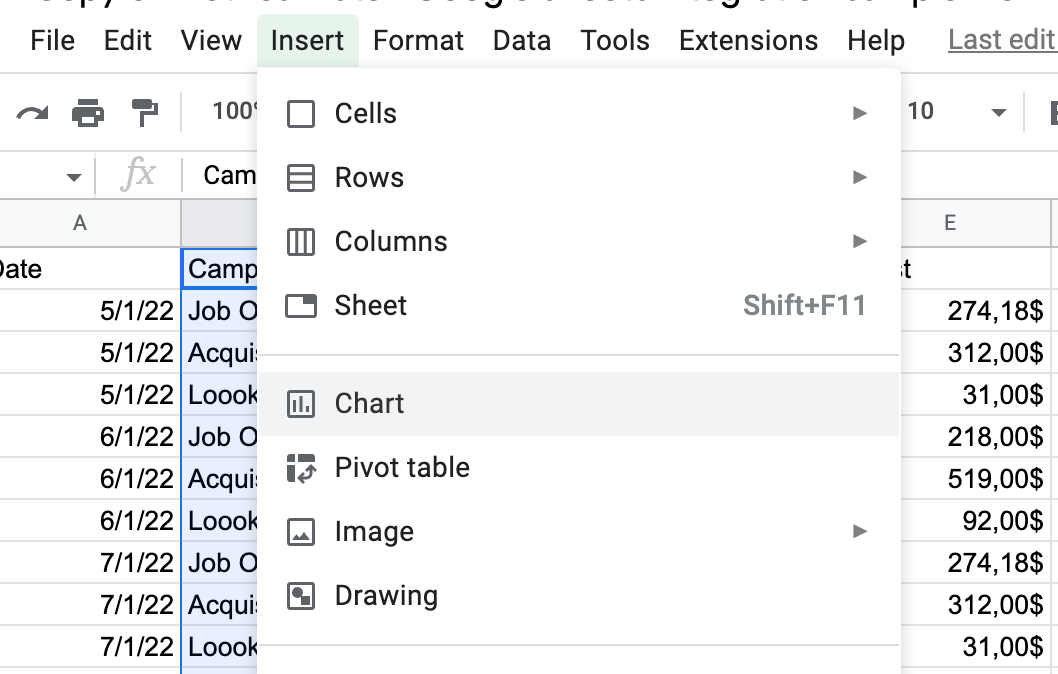 Selecting 'Chart' from the 'Insert' menu